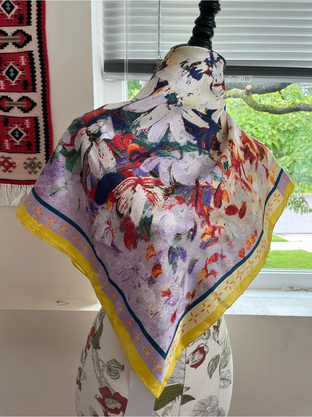 Silky Cream Scarf with Yellow & Blue Border
